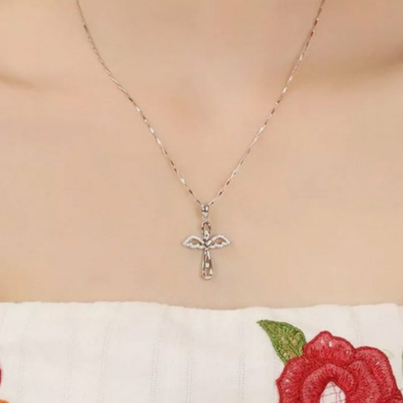 Silver Angel Wings Cross Pendant Clavicle Chain Necklace - Picture 4 of 8